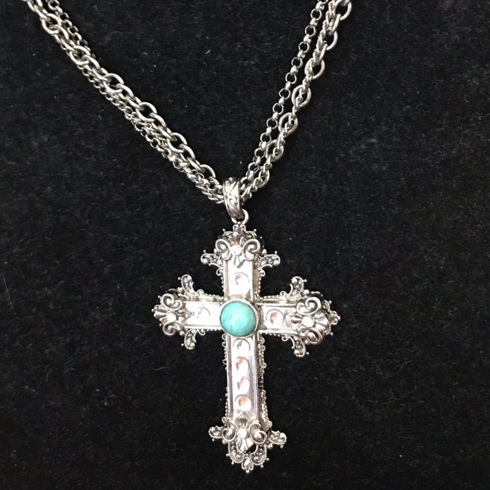 Faux Silver Multi Strand chain necklace with Cross Turquoise